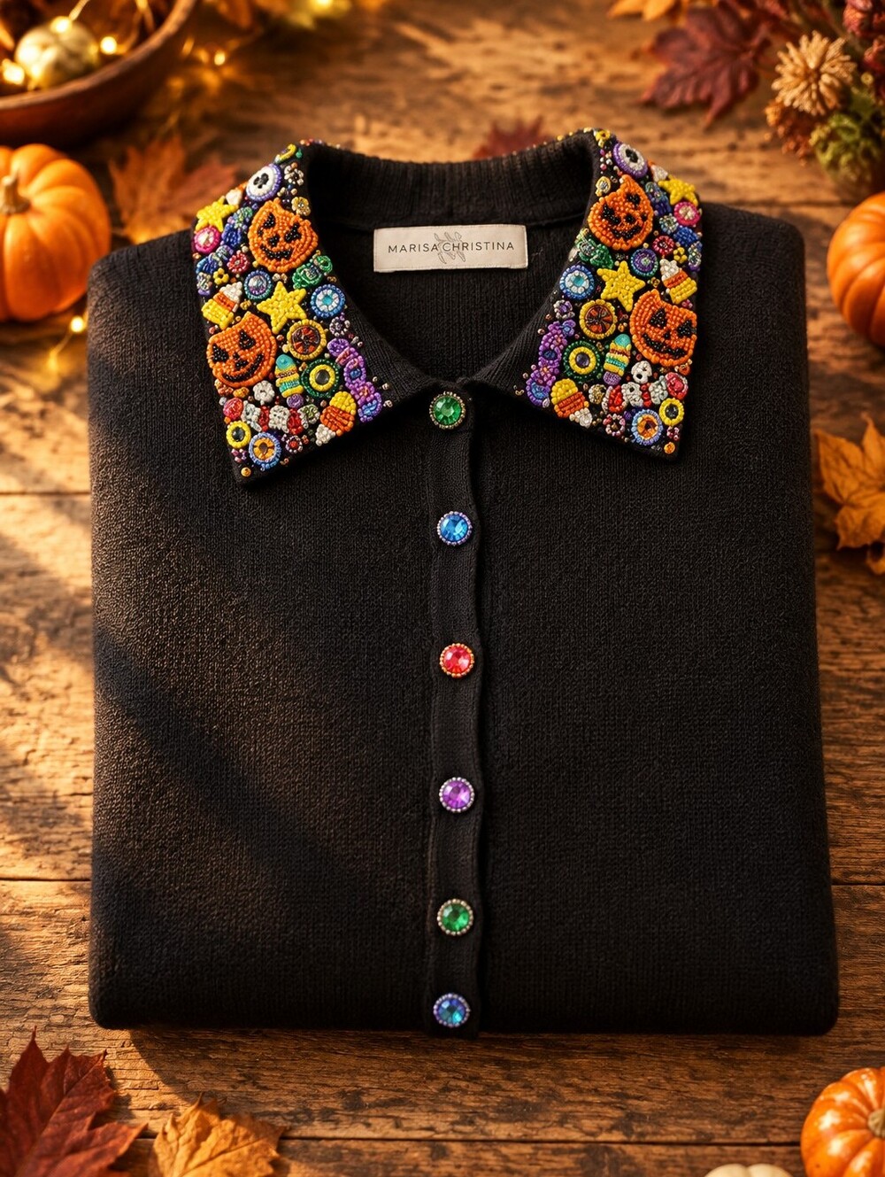 Vintage Marisa Christina Halloween Cardigan Beaded Collar Black M